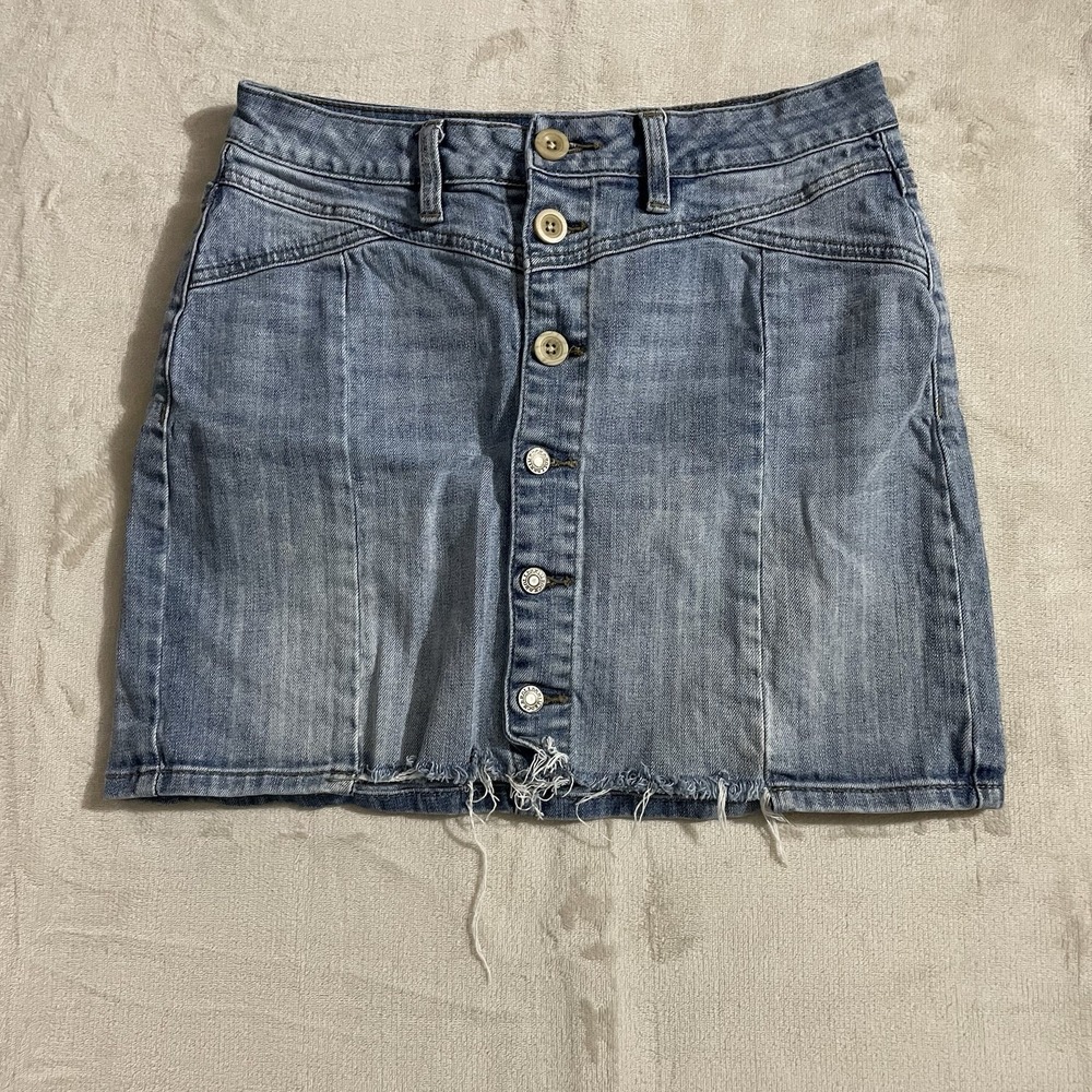 Rock & Roll‎ Cowgirl Jean Skirt Womens Size 27 Denim Button Fly Raw Hem Frayed